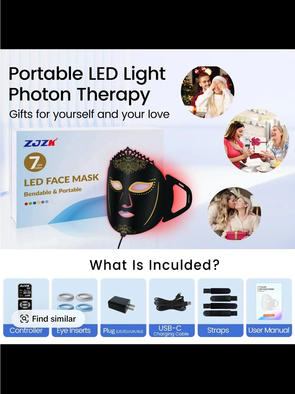 ZJZK LED Light-Up Facial Mask - Black with Gold Accents